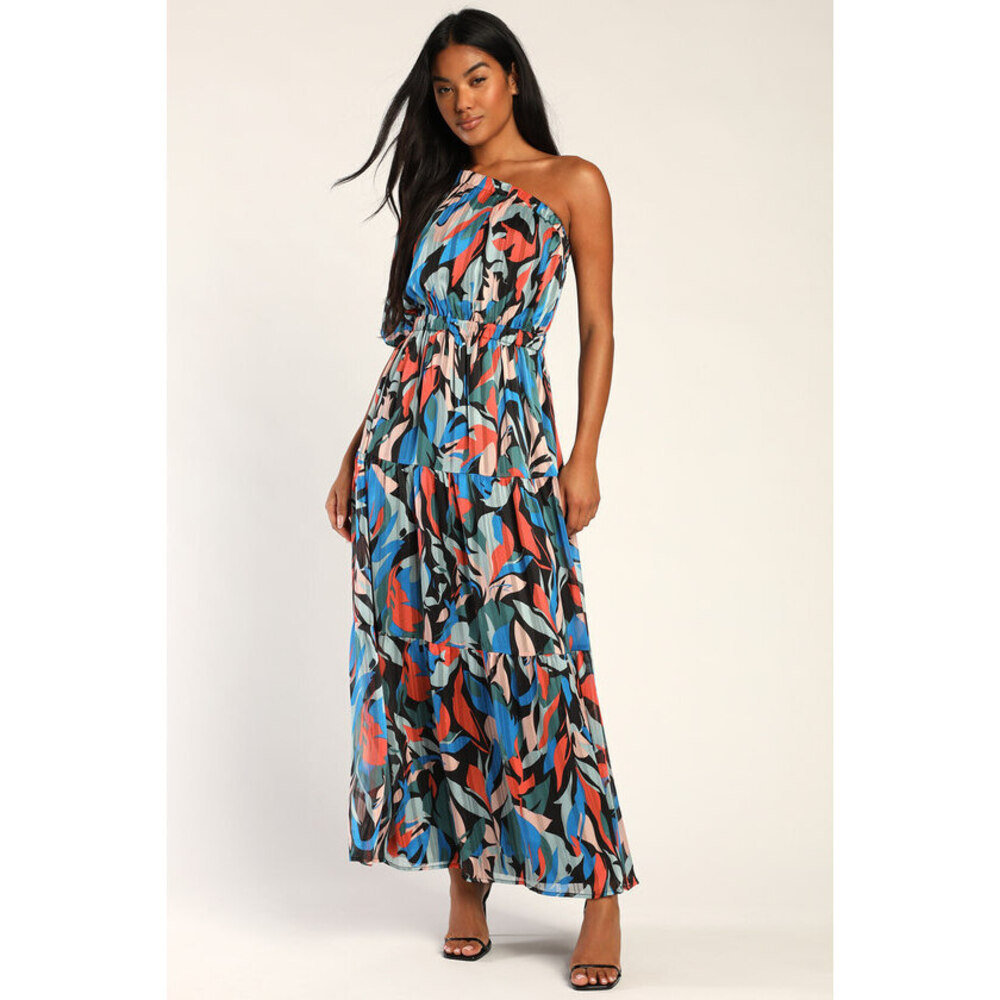 Lulus Essence Of Enchantment Black Multi Lurex One Shoulder Maxi Dress - Size S